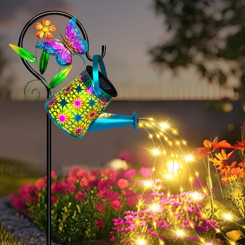 Solar Watering Can with Lights, Waterproof Solar Lantern with Butterfly Shepherd Hook, Hanging Garden Lights for Patio Yard Lawn Porch Outdoor Decoration, Unique Garden Gifts for Women Mom Birthday - color: Blue Butterfly, size: 1 Pack