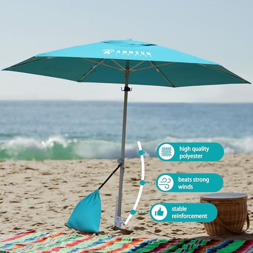 AMMSUN 8ft Large Beach Umbrellas for Sand Heavy Huty Wind Portable Commercial Grade Patio Beach Umbrella with Sand Anchor Adjustable Height Air Vent UPF 50+ Telescoping Pole without tilt Teal - color: Teal