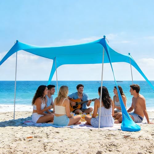 AMMSUN Beach Tent Sun Shelter, 10x10.5 FT Beach Canopy Tent Sun Shade with 4 Sand Anchor & Sand Bags | UPF 50+ Protection | 4 Thickened Poles | Windproof & Lightweight for Camping, Sky Blue - color: Sky Blue, size: 10x10.5 FT (4 Pole)