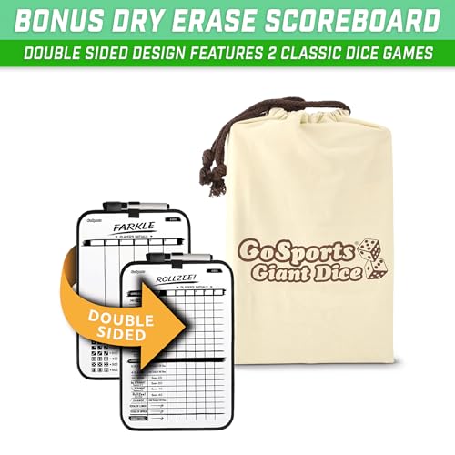 GoSports Giant Wooden Playing Dice Set with Rollzee and Farkle Scoreboard - Includes 6 Dice, Dry-Erase Scoreboard and Canvas Tote Bag - Choose 2.5 Inch or 3.5 Inch Dice) - style: 3.5 Inch Natural Wood Dice