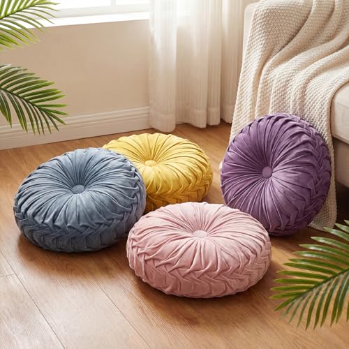 Kathfly Set of 4 Decorative Round Pleated Throw Pillows, Classy Velvet Pumpkin Round Throw Pillows, Decorative Floor Pillow for Bed Chair Home Sofa Decor, 14" Diameter(Pastel Color) - color: Pastel Color