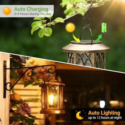 WdtPro Solar Lanterns Outdoor Lights, 2 Pack Bright Lanterns Outdoor Waterproof with Clip Patio Decor, Hanging Solar Lights for Outside Garden Yard Front Porch Table Decoration (Antique Copper) - size: 2 PACK, style: Classic Antique Copper