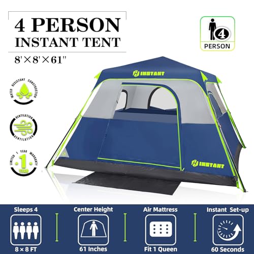 4/6/8/10 Person Instant Tent, Waterproof Pop Up Tents for Camping with Rainfly, 60 Seconds Easy Setup, Automatic Cabin Tent for Family Camping with Expandable Carry Bag & Upgraded Ventilation - color: Blue, size: 4 Person