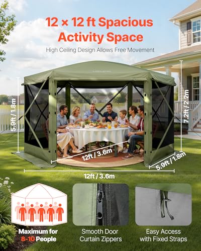 VEVOR Pop up Gazebo Screen Tent, 12 x 12 ft Large 6-Sided Camping Canopy Tent with Removable Top & Carry Bag, Quick-Set & Bite-Proof, Screen House Sun Shelter for 8-10 Persons Backyard Patio, Green - color: Army Green, size: 12x12ft