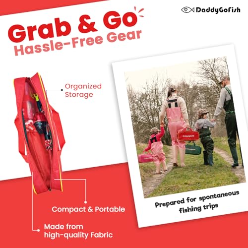DaddyGoFish Kids Fishing Pole - Rod Reel Combo Tackle Box Starter Set - First Year Small Dock Gear Kit for Boys Girls Toddler Youth Age Beginner Little Children Junior Anglers - color: Red (Complete Set), size: 4ft