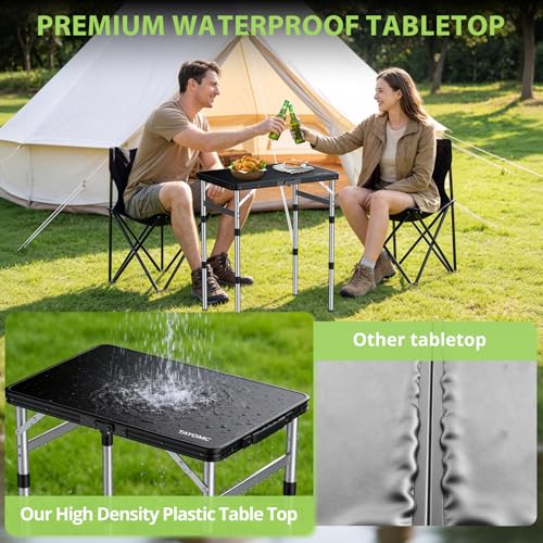 2ft Plastic Folding Table, 3 Adjustable Height Waterproof Small Folding Camping Table Lightweight & Portable with Carry Handle, for Indoor Outdoor RV Travel Picnic Beach, 22.8" X 15.7", Black - color: Black