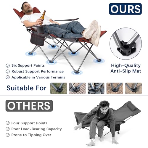 apollo walker Reclining Beach Chair, Adjustable 90-135° Backrest Camping Lounge Chairs for Adults, Folding Chair with Foot Rest & Detachable Pillow - Standard 6-Leg, Red - color: Red, style: 6-Leg