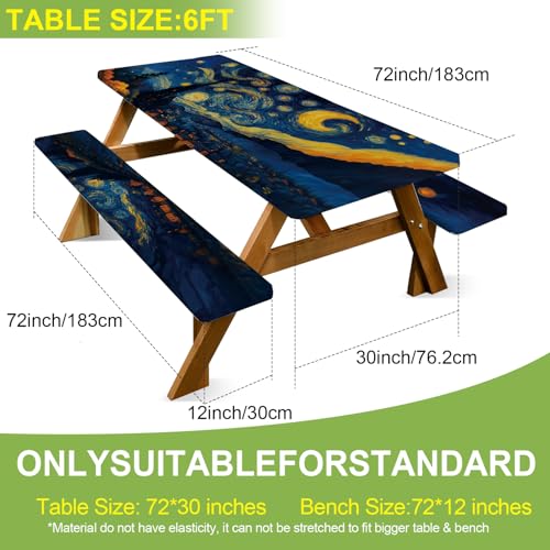 ANNA QUEEN Artistic Starry Night 6FT Picnic Table Cover with Bench Covers Set of 3 with Drawstring Bag, 72"x30" Waterproof Fitted Picnic Tablecloth & Bench Seat Covers for Outdoor Camping Patio - color: #50
