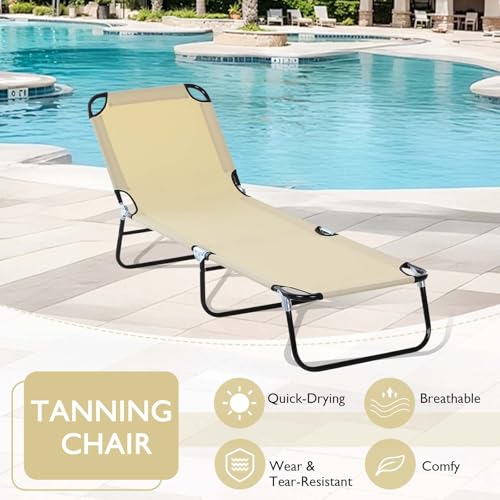 Majnesvon Foldable Outdoor Chaise Lounge Chair, 5-Level Reclining Camping Tanning Chair with Strong Oxford Fabric for Beach, Yard, Patio, Pool(Beige) - color: Beige