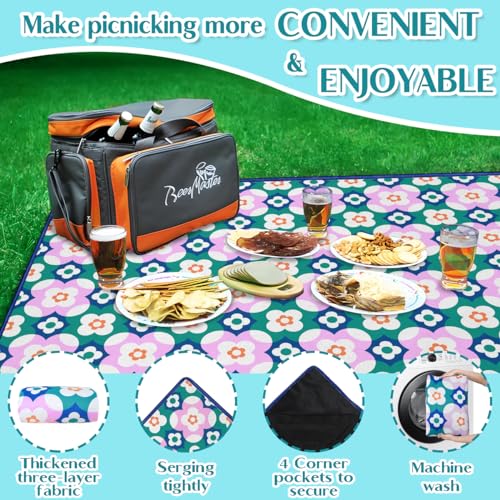 Block Floral Picnic Blankets Waterproof Foldable, 60″X80″Boho Thick Picnic Mat Outdoor Blanket for Grass,Cute Beach Blanket Sandproof Picnic Accessories for Camping Picnic Party Park Hiking - color: A07, size: 5' X 6'8" (Rectangular)