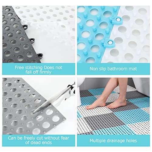 12 Pack 11.8" x 11.8" Interlocking Rubber Floor Tiles Soft PVC Non Slip Splicing Shower Floor Mat Pool Bathtub Drain Tiles for Flooring, Drainage Mats for Pool, Deck, Patio, Basement, Kennel, Poultry - color: White+blue+grey