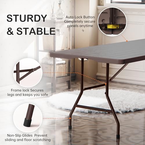 VSOAEIL Set of 2 6 Foot Folding Table for Indoor Outdoor, Portable Heavy Duty Fold-in-Half Utility Plastic Foldable Dining Table with Carrying Handle for Picnic, Camping and Party, 2 Pack Brown - color: Brown, size: 6 FT - 2 PACK
