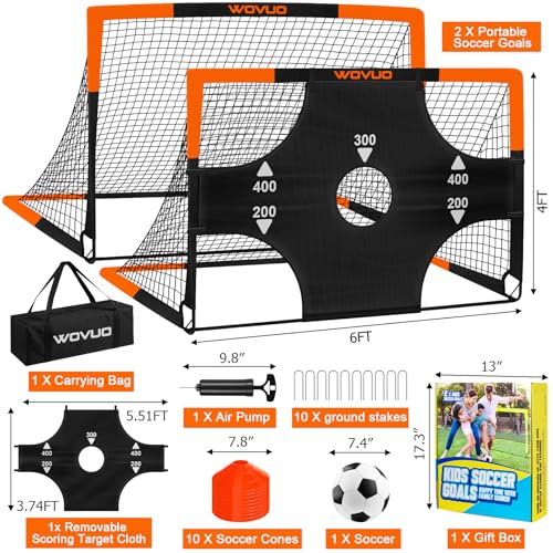 Kids Soccer Goals for Backyard Set of 2, 6x4 ft Portable Toddler Soccer Goal Training Equipment with Soccer Target, Ball, Cones, Soccer Net for Kids Age 3-5 6-8 8-12 10-12-14 Outdoor Sports Games Gift - color: Black orange