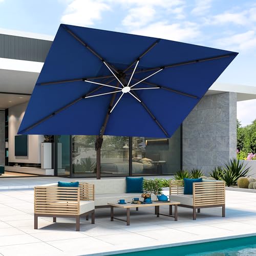 JZAC & QZYD 9x12 FT Outdoor Cantilever Patio Umbrella with Base Included and LED Lights, Large Heavy Duty 2-Tier Aluminum Offset Umbrellas with 360-Degree Rotation for Pool Deck, Navy - color: Navy, size: 9'×12' - Weighted Base Included