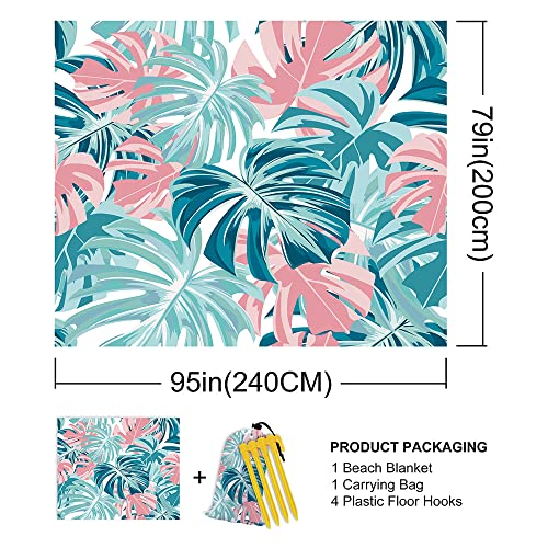Tropical Palm Leaves Beach Blanket Sandproof Waterpoof Oversized 79"x 95" Pink and Blue Beach Mat with Corner Pockets, Lightweight Portable Mat for Beach Travel Picnic Camping Outdoor - color: Tropical Palm Leaves, size: 79"x95"