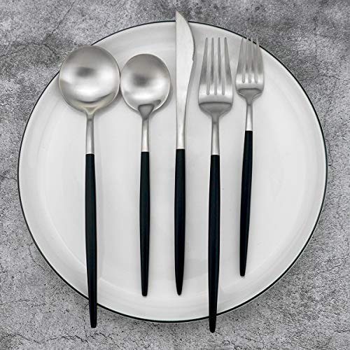 20-Piece 18/10 Stainless Steel Flatware Silverware, Luxury Dinnerware Set Travel Cutlery Tableware Include Knife Fork Spoon Service for 4, Dishwasher Safe (Black Handle Matte Silver) - color: Black Handle Silver, size: Service for 4