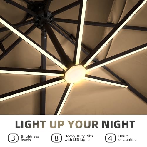 9 X 12 FT Cantilever Patio Umbrella with Led Lights Outdoor Heavy Duty Double Top Rectangle Offset Umbrellas with 360-degree Rotation for Pool Deck Backyard, Beige - color: Beige, size: 9' X12' Only Umbrella(LED)