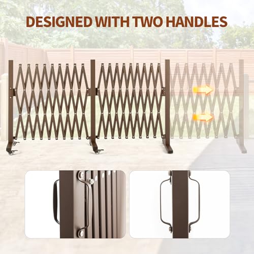 TECSPACE Aluminum Expandable Garden Fence, Portable Barricade Gate with Casters, Adjustable Retractable Fence Mobile Barricade Safety Barrier (Brown, 201×15×41 inch) - color: Brown, size: 201×15.2×40.6 Inch