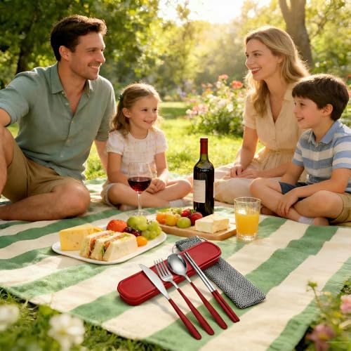 Portable Camping Utensil Set - 18/8 Stainless Steel Travel Silverware with Compact Case - Reusable Knife Fork Spoon Chopsticks Kit for Hiking, Picnic, Backpacking & Outdoor Eating (Silver Red) - color: Silver Red