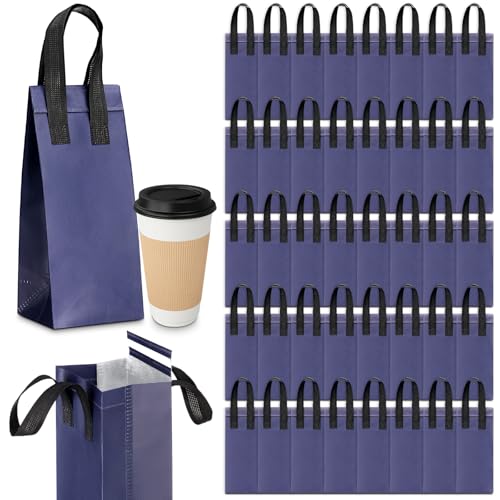 50 Pcs Navy Blue Insulated Single Cup Drink Carrier Bags Bulk Thermal Insulation Take Away Bags Portable Takeout Coffee Carrier Reusable Carriers with Handle for Hot Cold Beverage - color: Navy Blue