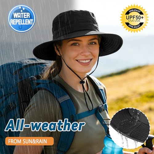 ZOORON Sun Hats for Men Women, Wide Brim Safari Hats UV Protection UPF50+ Waterproof Boonie Hats for Fishing Hiking Camping - color: 2pack-black+light Gray