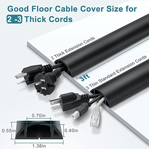 3FT PVC Cord Hider, Black Floor Cord Protector with 0.7 x 0.4 Inch Extension, Soft Wire Covers - color: Black, size: Large-3ft