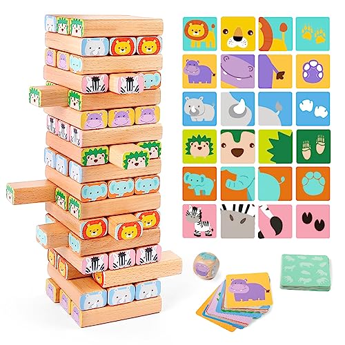 Nene Toys Wooden Block Stacking Game – 4-in-1 Tumble Tower Family Board Game with Building Blocks, Cards and Dice – African Safari Educational Wooden Toy for Kids 3-9 Years Old About Animals - style: Safari