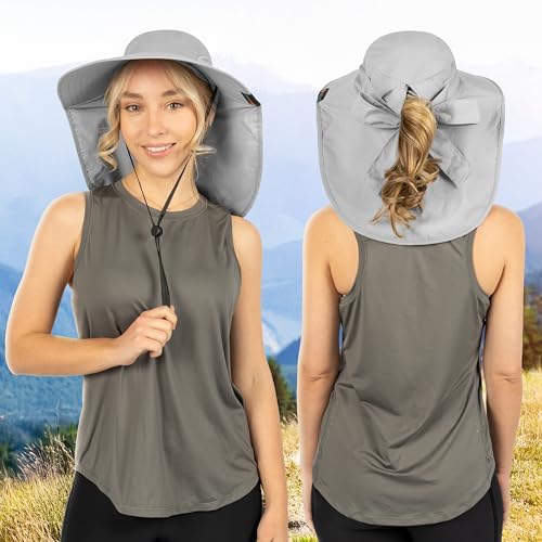 SUN CUBE Wide Brim Sun Hat with Neck Flap, UPF50+ Hiking Safari Fishing Hat for Men Women, Sun Protection Beach Hat - color: Light Grey With Bow