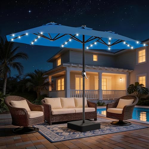 AreShark 13 FT Patio Umbrella with Solar Lights, Double-Sided Outdoor Table Umbrellas with Crank, Large Rectangular Market Umbrella for Porch, Lawn, Pool, Backyard, Royal Blue - color: Royal Blue, size: 6.5x13 Ft