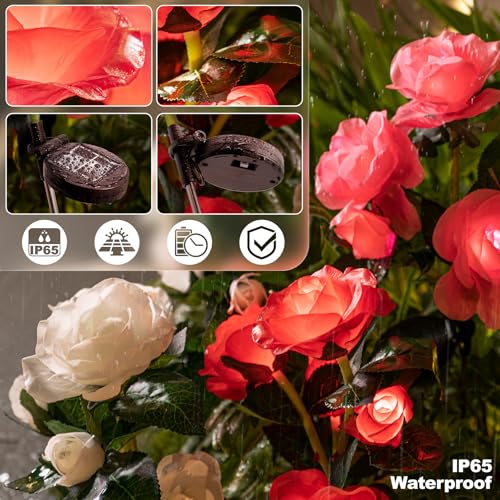 Anordsem Solar Garden Lights Outdoor: 20 Waterproof Fabric Roses 4 Pack - Red LED Flower Decorations for Yard Patio Path Cemetery Grave - Birthday Gifts for Women Mom Wife - color: Red, size: 4 Pack