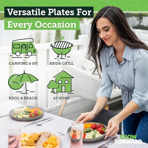 Grow Forward Premium Wheat Straw Plates - 10 Inch Reusable Hard Plastic Dinner Plates Set of 8 - Unbreakable Microwave Safe Plates for Dessert, Camping, RV, Outdoors, Patio, Kitchen Dishes - Feather - color: Feather Grey, size: 10 inch