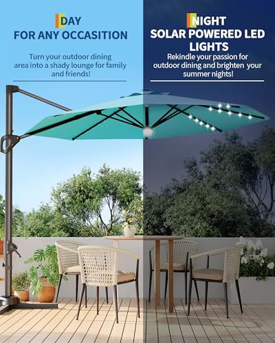 9ft Outdoor Patio Umbrella Heavy Duty 8 Ribs, Waterproof UV Protection Sun Shade with Crank Lift & Push Button Tilt, Outdoor Umbrella for Deck, Pool, Garden, Backyard, Lawn - color: Turquoise Blue&Round-Lights, size: 10FT Roman