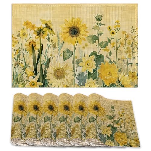 Placemats12x18 Inch,Yellow Floral Placemats,Sunflower Daisy Kitchen Dining Coffee Table Mats Set of 6 for Home Indoor Outdoor Party - color: Yellow Floral,sunflower Daisy