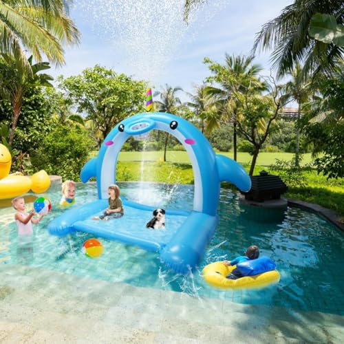 8.7FT Inflatable Whale Sprinkler Water Toys with Basketball Hoop Arch, 3-in-1 Large Splash Pad for Kids & Dogs, 16 LED Lights, Thickened Mat Toys for Outdoor Backyard & Garden Summer Fun - size: 105"