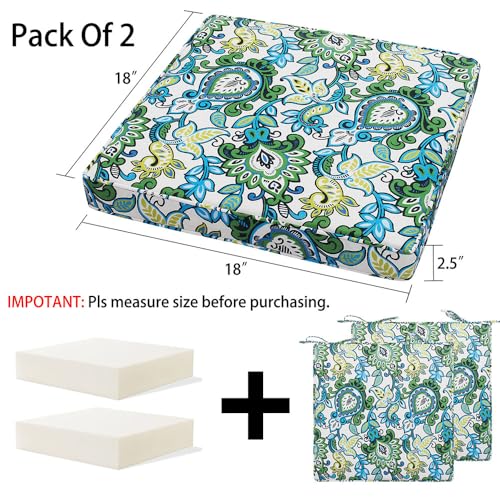Magpie Fabrics Indoor Outdoor Waterproof Square Chair Cushion, 18" x 18" x 2.5", 2 Pack, Water Resistant Seat Cushions, for Patio Garden Office, Phoenix Blue Green - color: Phoenix Blue Green