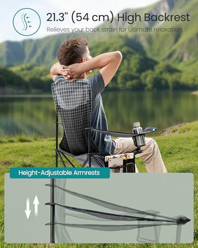 SONGMICS Breathable Camping Chairs, Foldable Outdoor Chairs Set of 2, High Back, Adjustable Armrests, Drink Holder, Weight Capacity 330 lb, for Sports Garden Backyard, Slate Gray UGCB028G01 - color: Grey, style: 2PC (20.3"D x 34"W x 38.2"H)