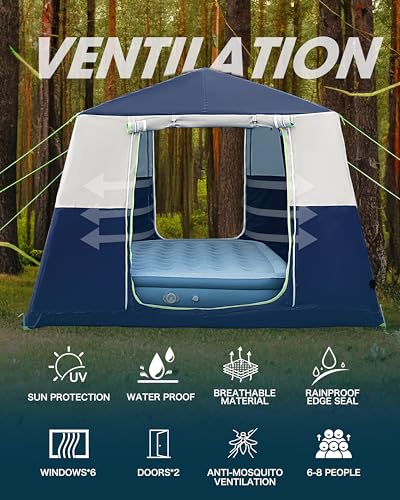 CORANI 14.1'x6.5'x9' Inflatable Tents for Camping, Portable 6/8/10 Person Blow Up Air Tent, Waterproof Windproof Easy Setup Large Family Tent with 2 Doors, 6 Windows, Mosquito Screen - color: Navy Blue, size: 8 person 10.8x9ft