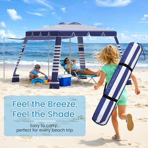 MoKo Beach Cabana,120 Sq. Ft. Large Beach Canopy Tent Sun Shade, UPF 50+ Protection Easy Setup Beach Tent, Adjustable Height Wind Resistant Cabana Sun Shelter for Whole Family, Navy Stripes