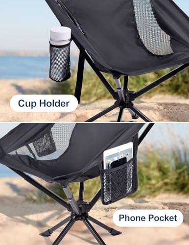 Docusvect Swivel Portable Camping Chair for Adults, Fast Setup, Lightweight & Small Folding Chair with Cup Holder, Side Pocket and Carry Bag - Support 330 LBS - color: Black