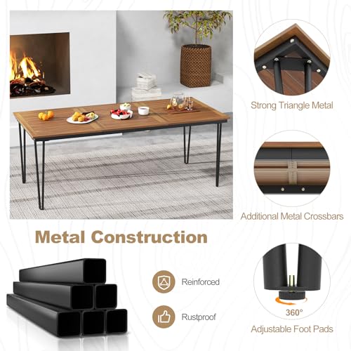 Tangkula 79 Inch Outdoor Dining Table for 8, Acacia Wood 8-Person Patio Table with 1.9 Inch Umbrella Hole, Metal Legs & Adjustable Foot Pads, Rectangular Outside Table for Garden, Poolside & Backyard - size: 79"