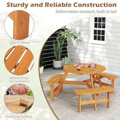 Giantex 6-Person Round Picnic Table Set with 3 Benches, 550 LBS Bench Capacity, 2" Umbrella Hole, Circular Outdoor Wood Dining Table & Chairs for Patio Yard Garden Porch Deck (68”x62”x28”,Yellow) - color: Yellow, size: 68”x62”x28”