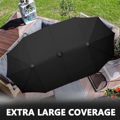 13Ft Large Patio Umbrella with Solar Lights Outdoor Double-Sided Market Table Umbrella Easy Crank for Yard, Poolside, Deck-Black - color: Black, size: 13FT Umbrella+Light