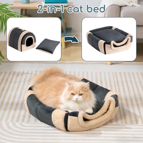 Hollypet Cat Bed Self-Warming 2 in 1 Foldable Kitty Cave Hut House Nest Pet Sleeping Bed, Crystal Velvet Pet Condo for Indoor Cats, Dark Gray Arched Cave - color: Dark Gray Arched Cave
