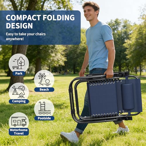 Garvee Zero Gravity Chair Set of 2, Patio Lounge Chair Outdoor with Pillow & Cup Holder Tray, Adjustable Reclining Chair, Folding Portable Camping Chair for Deck, Beach, Yard, Garden - Navy Blue - color: Navy Blue