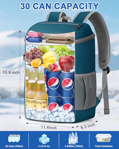 Pritent Cooler Backpack for Men Women Insulated Waterproof Backpack Cooler Leak Proof Cooler Bag Lightweight Lunch Backpack for Camping Beach Travel Picnic - color: Leather Blue, size: 30 Cans