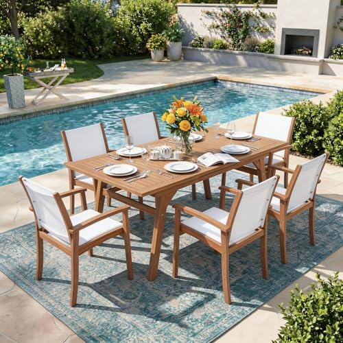 OC Orange-Casual Patio Furniture Set, Acacia Wood Patio Dining Set for 6-8, Outdoor Expandable Table and Chairs Set with Umbrella Hole and Breathable Textilene Fabric for Garden (White, 7 Pieces) - color: White, size: 7 Pieces