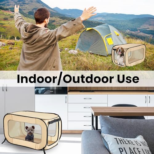 Beatrice Home Fashions Portable, Collapsible, Pop Up Kennel Travel Cat and Dog Crate, 40" L x 27" W x 27" H, Beige - color: Beige, size: 40.0"L x 27.0"W x 27.0"H