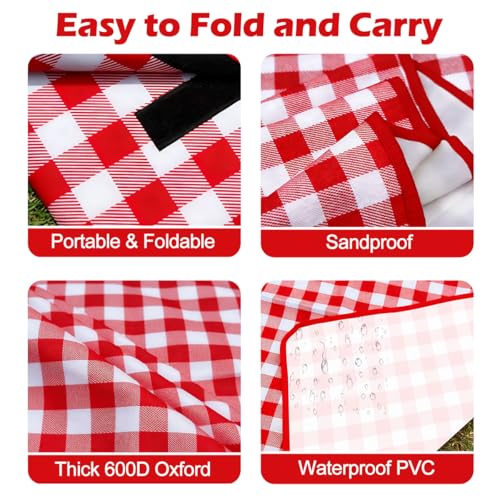 Large Picnic Outdoor Blanket, 40''x60'' Waterproof Sand Beach Mat, Foldable Blankets Gingham Picnic Mat for Beach Camping Grass Lawn Park Hiking Travel Accessories Family Concerts (Red White) - color: Red, size: 40''x60''