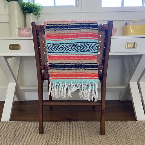 Del Mex Classic Mexican Blanket, Large Authentic Woven Falsa Throw (70"x50"), Artisan Southwest Décor for Beach, Yoga, Outdoors (Mint/Tan/Orange) - color: Mint/Tan/Orange