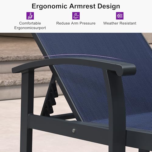 PURPLE LEAF Chaise Lounge Chair Outdoor 2 Pieces Pool Lounge Chairs 5 Adjustable Position with Armrests and Side Table Aluminum Patio Lounge Chair for Outside Backyard Beach Pool, Deep Blue - color: Deep Blue, size: Standard